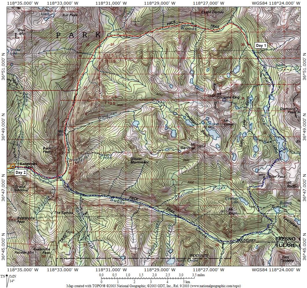 Map for Rae Lakes Loop 1987